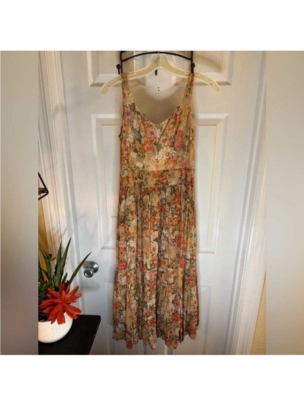 Peruvian Connection Beige Floral Midi Dress with Coral Accents